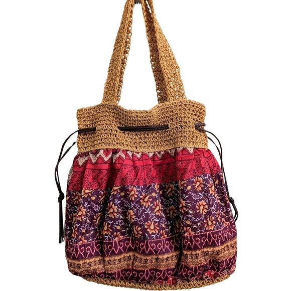Woven Straw Boho Tote Shoulder Cinch Bag Drawstring Closure Geometric Pattern - Picture 1 of 14